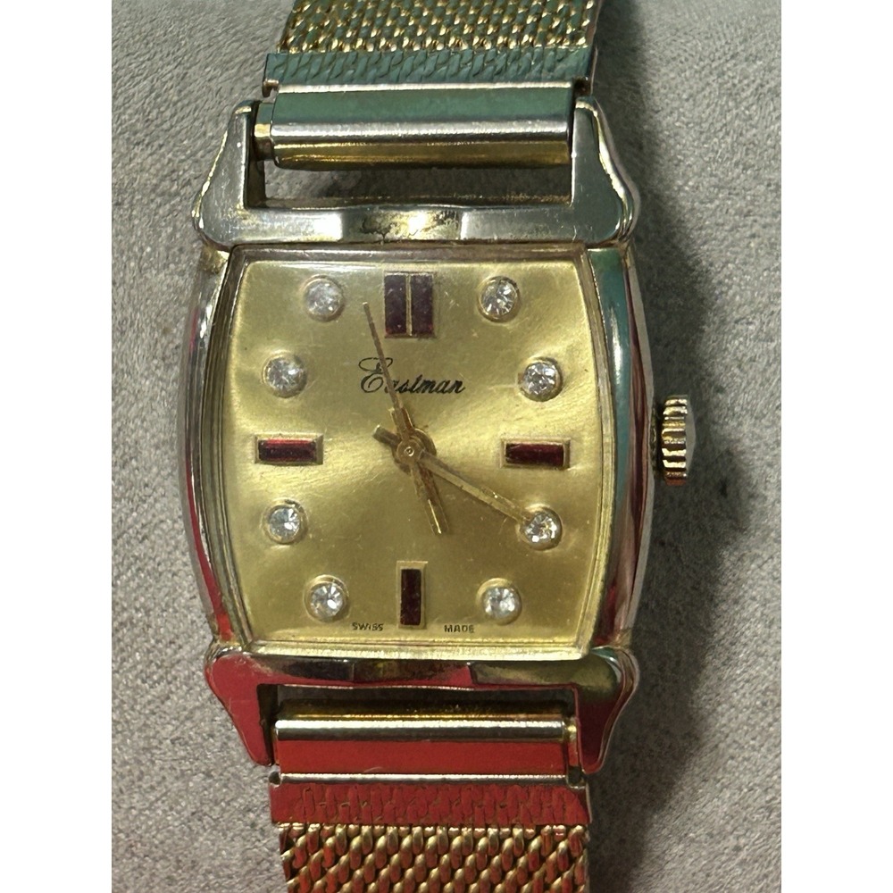 Vintage EASTMAN Diamond + Ruby Swiss Mens Watch Mechanical Hand Wind Read